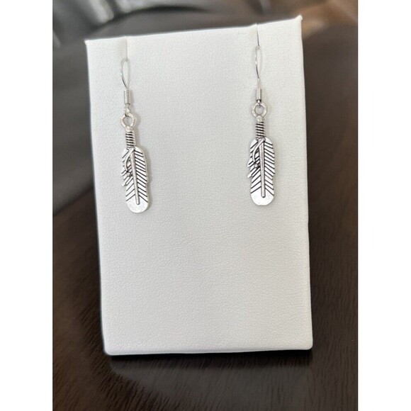 Feather Tiny Drop Hook Earrings .925 Sterling Silver Hook ~ Pewter Charm - Picture 1 of 4